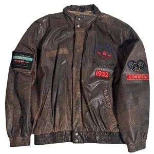adidas Brown Leather Bomber Jacket with Embroidered Patches